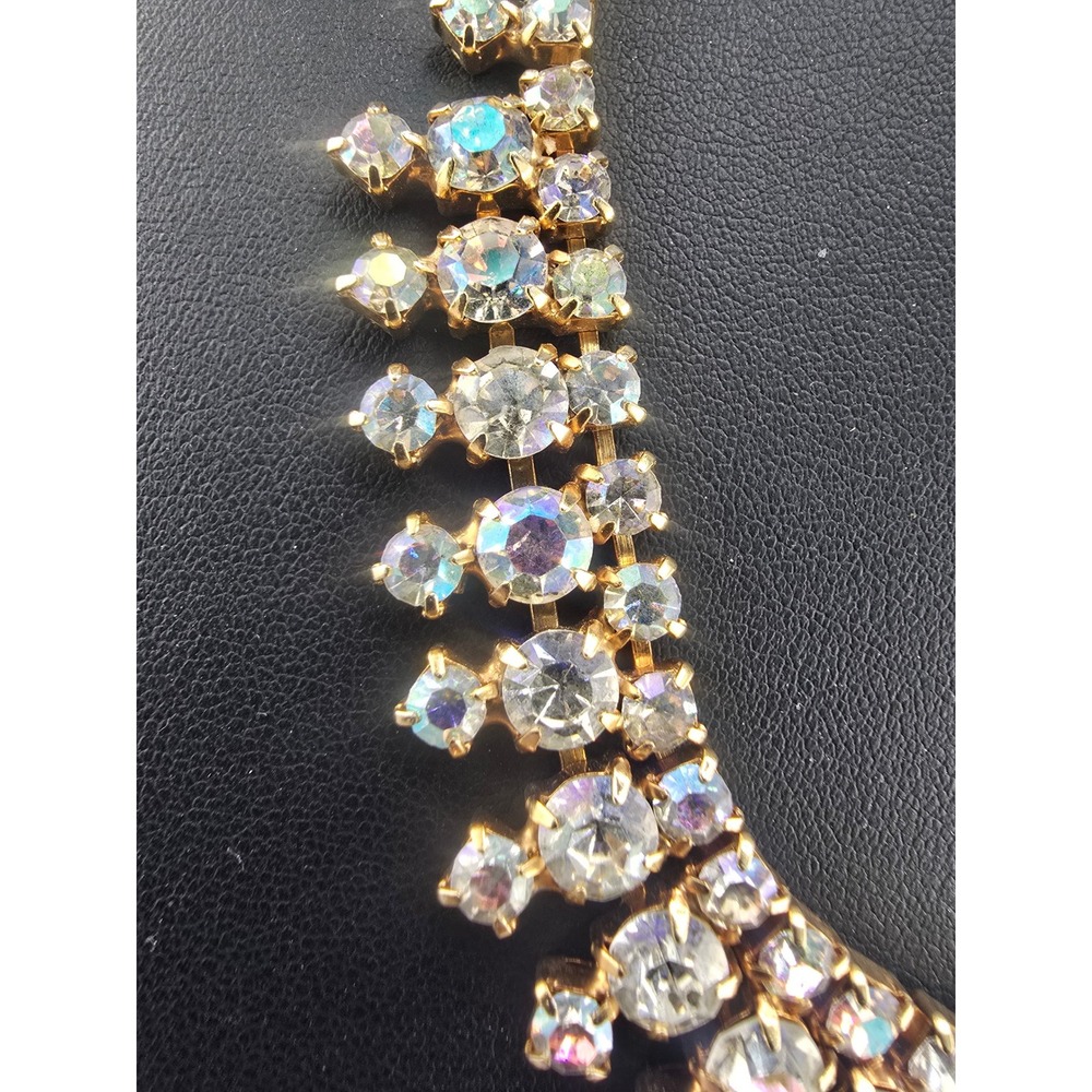 Vintage Estate Fringe Necklace Gold Tone Aurora Borealis Rhinestone 15in